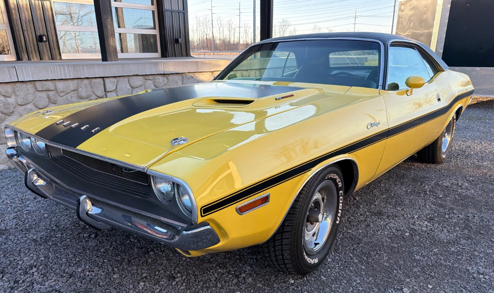 Yellow 1970 Dodge Challenger R/T hauled by Allstar Hauling